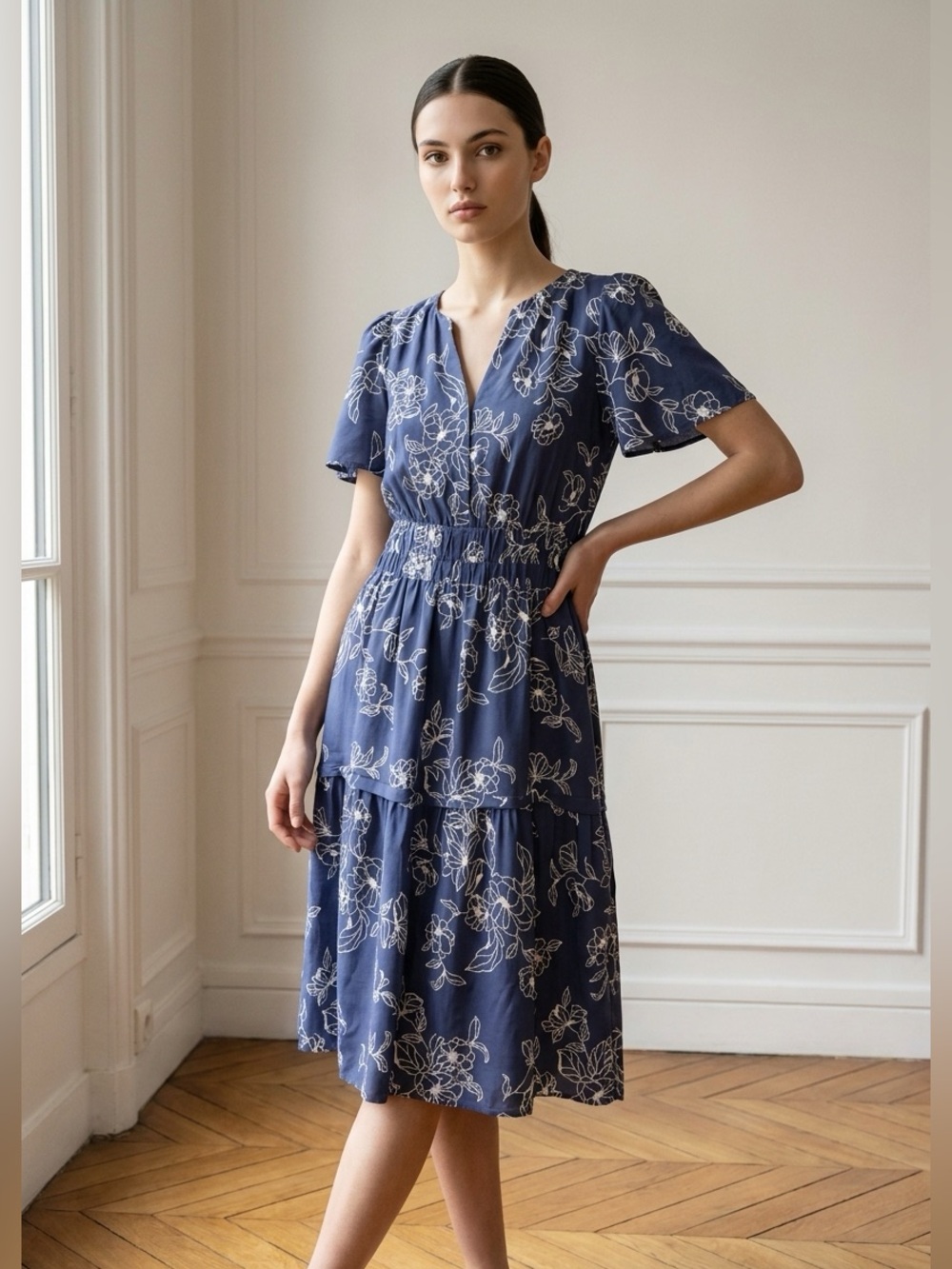 🌼‎ Vintage 90s Robbie Bee Floral Midi Dress 👗 Navy White Size M